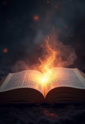 Magic emanates from an open book with flames