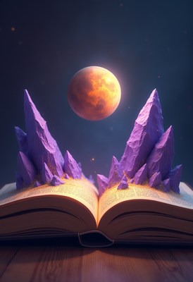 Imagination explores mountains and moon above a book