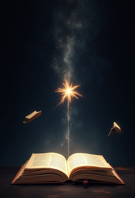 Magic emanates from an open book under a starry sky