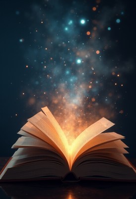 Open book with glowing magic in dark setting