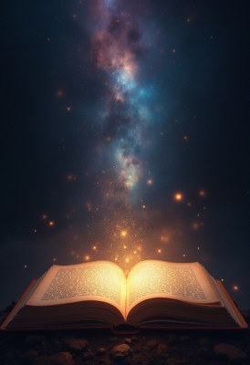 Open book releasing a galaxy of stars at night