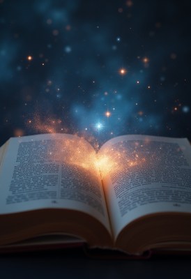 Book emits magical sparks under starry night sky