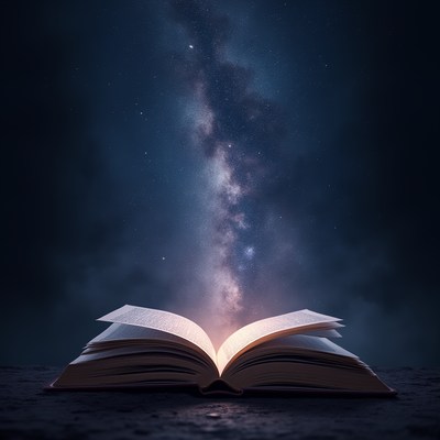 Open book reveals a galaxy of stars in the night sky