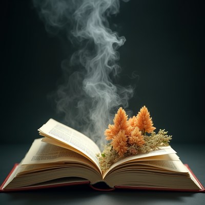Open book, plants, and smoke create mystique
