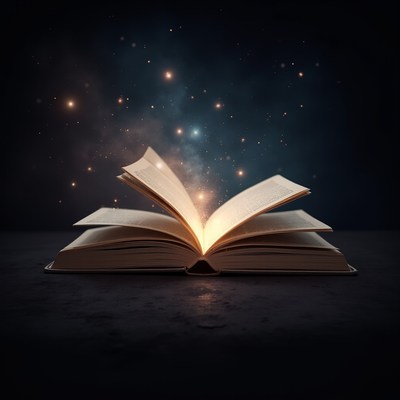 Open book radiating light in dark space