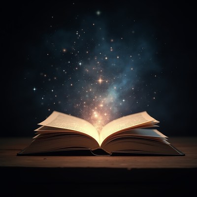 Open book reveals cosmic wonders in dark setting