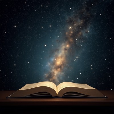 Open book revealing a galaxy in the night sky