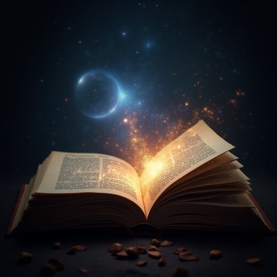 Open book releasing cosmic energy in a dark setting