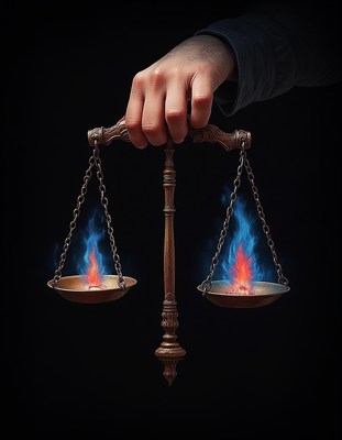 Balance of justice represented with flames and scales