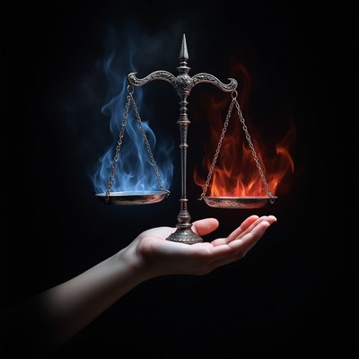 Balancing opposing forces with a hand holding scales