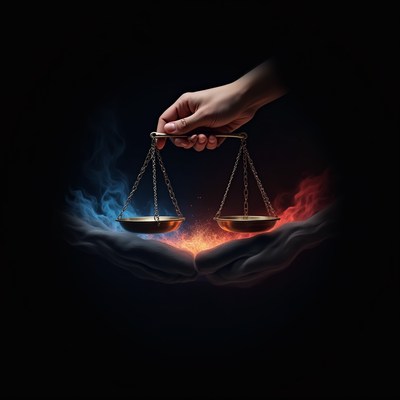 Justice scales in a hand amidst glowing flames