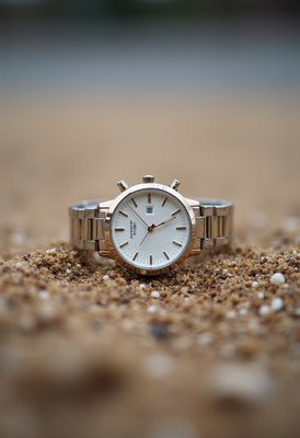 Elegant watch resting on sand at a beach setting