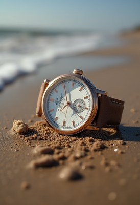 Luxury watch resting on sandy beach near ocean waves