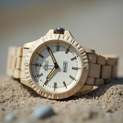Watch resting on sand at a sunny beach location