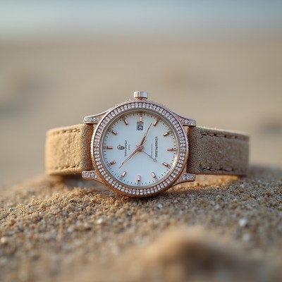 Luxury watch rests on sandy beach during sunset