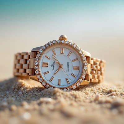 Elegant gold watch rests on sandy beach at sunset