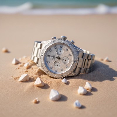 Elegant watch on sandy beach with gentle waves nearby