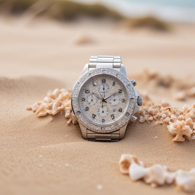 Luxury watch resting on sandy beach during golden hour