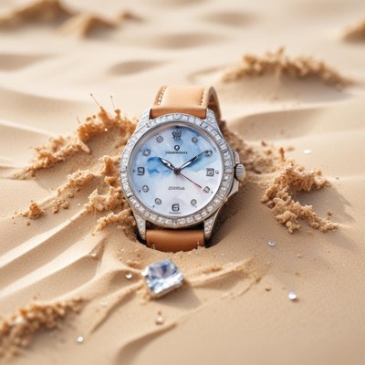 Watch resting in sand with diamond beside it