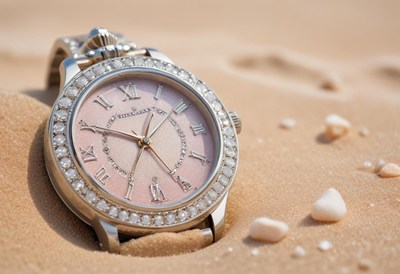 Elegant watch resting on golden sand at the beach