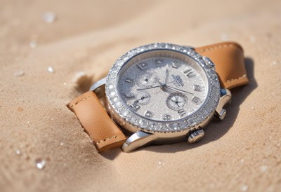 Elegant timepiece resting in soft beach sand