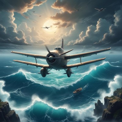 Historic aircraft soaring above turbulent ocean waves