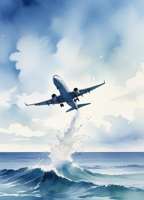 Airplane taking off above the ocean waves
