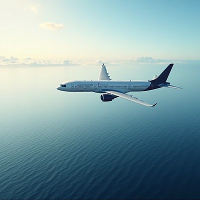 Airplane soaring over calm ocean during daylight