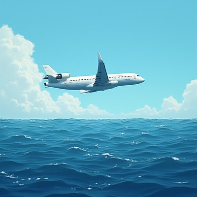 Airplane flying over ocean with clear blue sky