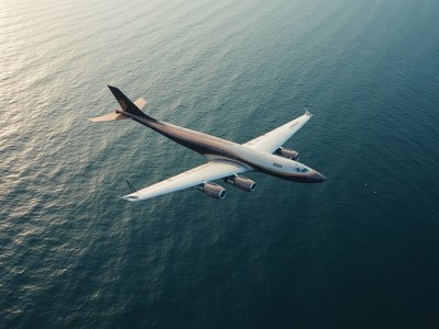 Vintage aircraft flying over ocean at sunset