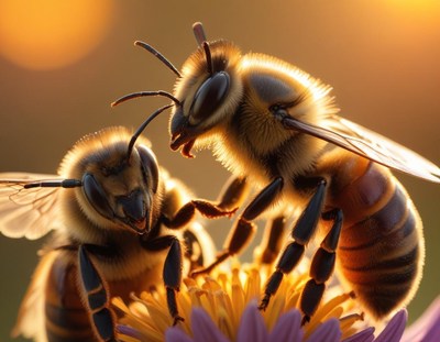 Bees pollinating flowers at sunset