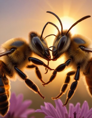 Bees interacting during sunset with flowers in view