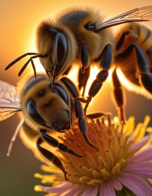 Bees gathering nectar during sunset near vibrant flowers