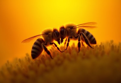 Two bees gathering pollen on a flower at sunset