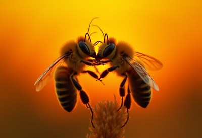 Bees interacting during sunset on a flower