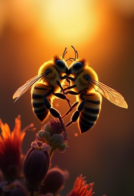Bees interact at sunset while surrounded by flowers