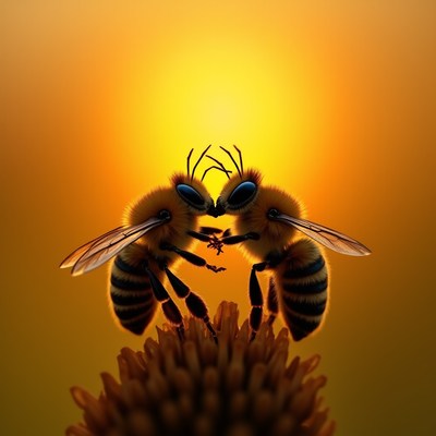 Bees interact on flower against a glowing sunset backdrop