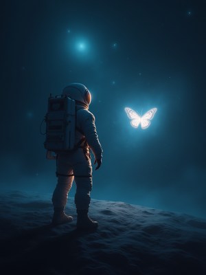 Astronaut observes glowing butterfly in space
