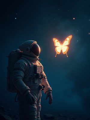 Astronaut interacts with glowing butterfly in space