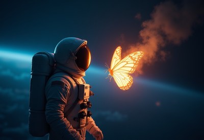 Astronaut encounters glowing butterfly in space