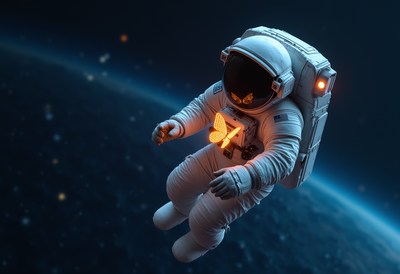 Astronaut explores space with glowing butterfly