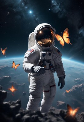 Astronaut explores space with butterflies around him