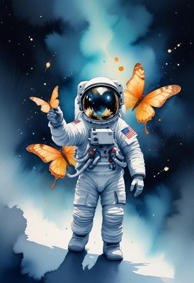 Astronaut interacting with butterflies in a cosmic setting