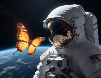 Astronaut encounters a butterfly in space above earth