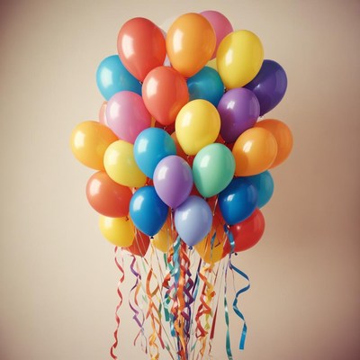 Colorful balloons tied with ribbons for celebration event