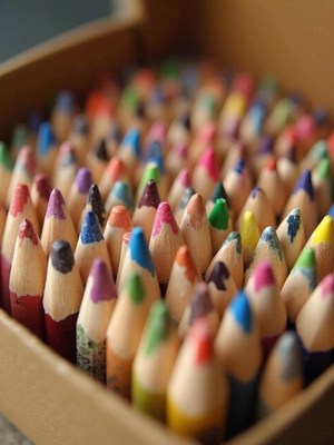 Colorful pencils arranged neatly in a box
