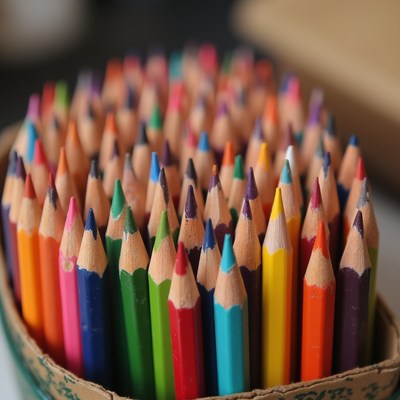 Colorful assortment of pencils in art supplies container