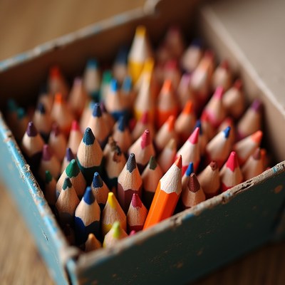 Colorful collection of art pencils in a vintage box