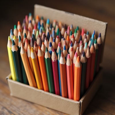Colorful collection of pencils in a craft box