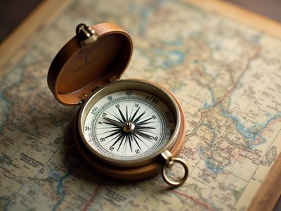 Compass resting on an antique map in a cozy setting